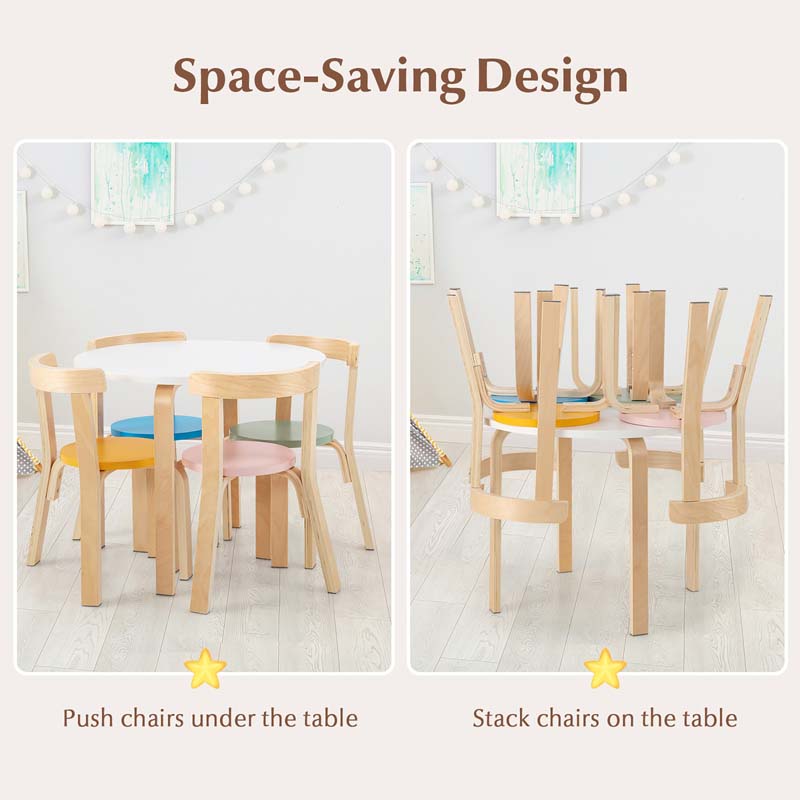 Eletriclife 5-Piece Kids Wooden Curved Back Activity Table and Chair Set with Toy Bricks