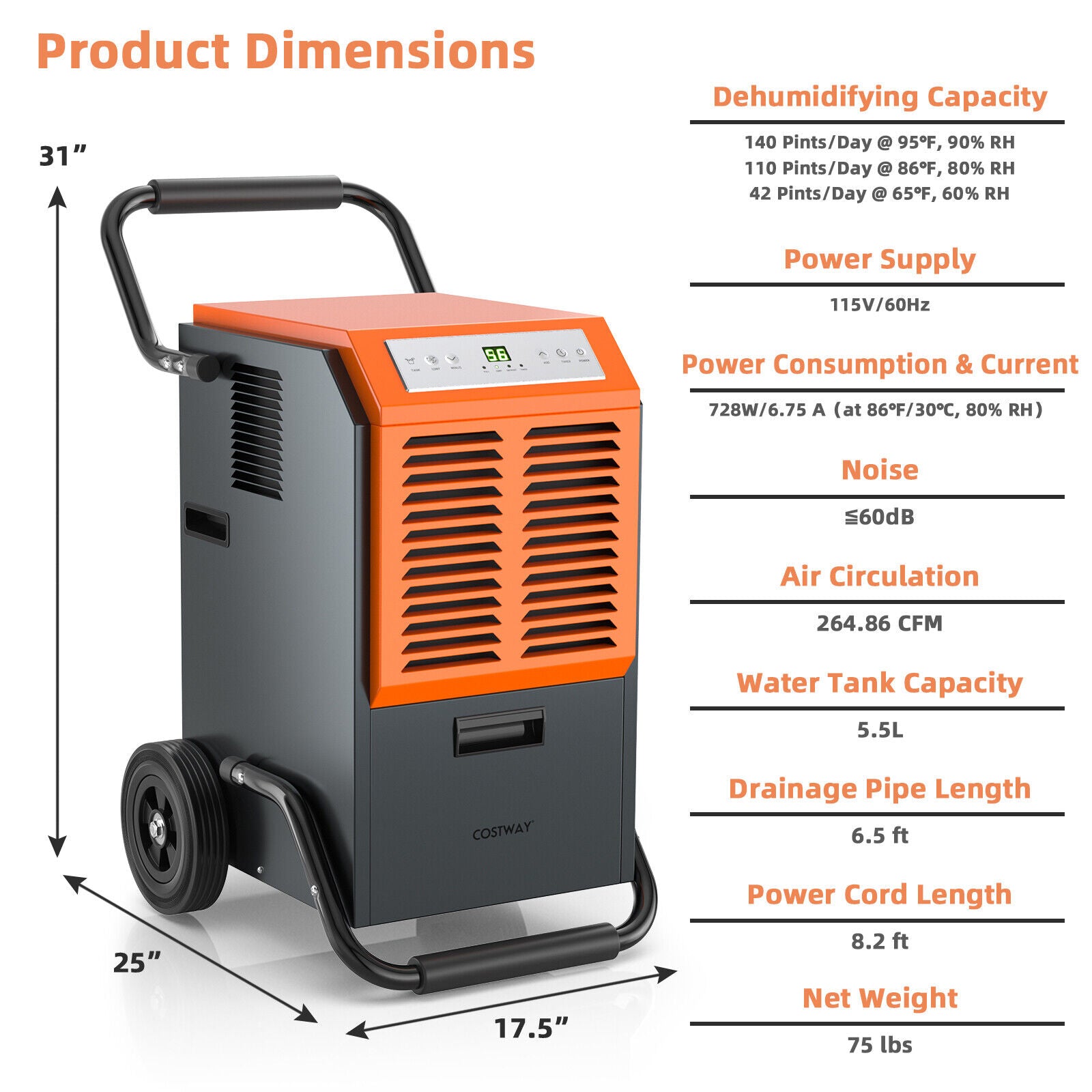 Eletriclife Portable Commercial Dehumidifier with Water Tank and Drainage Pipe