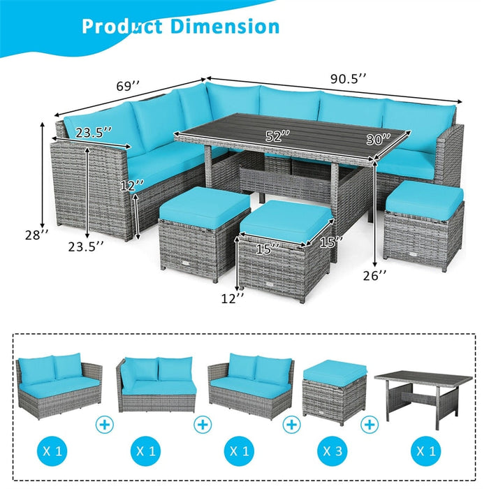 Eletriclife 7 Pcs Patio Rattan Dining Furniture Sectional Sofa Set with Table and Ottoman