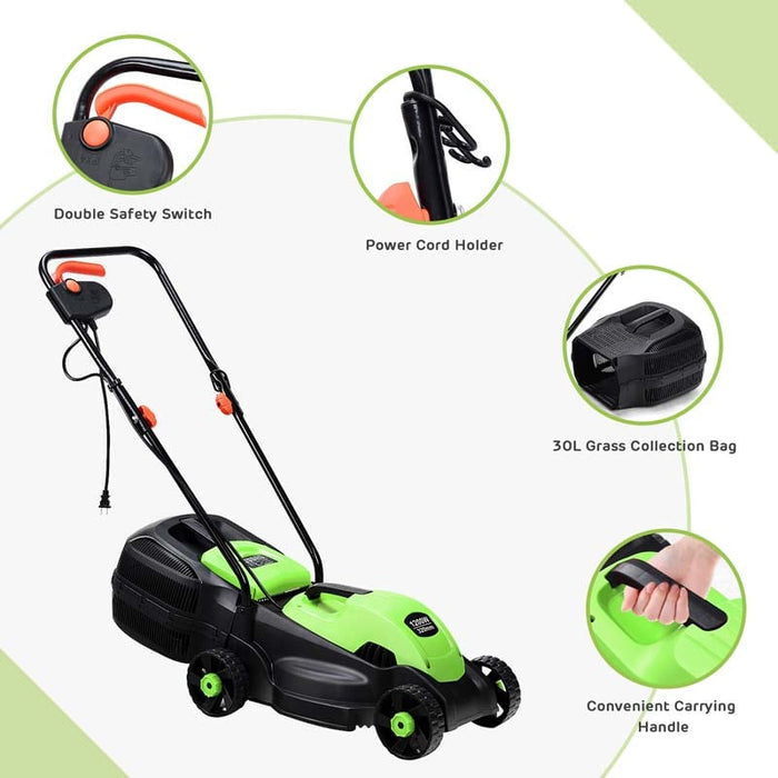 Eletriclife 12.5 Inch Corded Push Lawn Mower with 30L Grass Bag