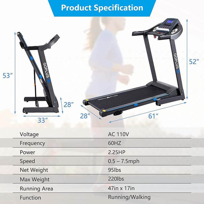 2.25HP Folding Electric Treadmill with Blue-Ray LCD Display