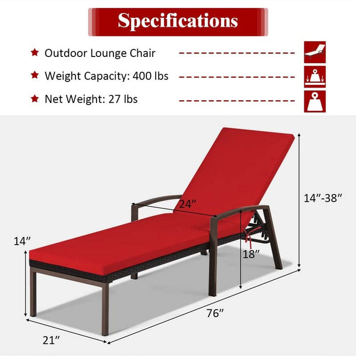 Eletriclife 2 Pcs Patio Rattan Chaise Lounge Chair Adjustable Back with Armrest and Cushion