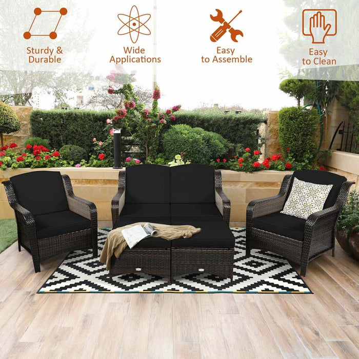 Eletriclife 5 Pieces Patio Rattan Sofa Set with Cushion and Ottoman