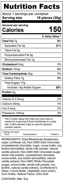 Dilettante's Chocolate Covered Blueberries Nutrition Facts