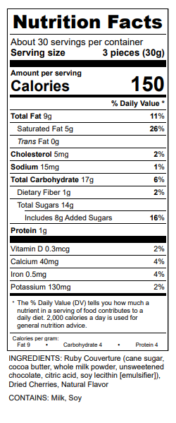 Ruby Cacao Bing Cherries Nutrition Facts. Contains Milk and Soy. For more questions call 800-800-9490