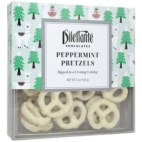 Dilettante Chocolates Peppermint Pretzels inside a festive holiday-themed gift box