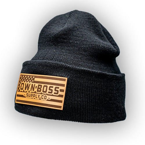 BLACK LEATHER PATCH BEANIE