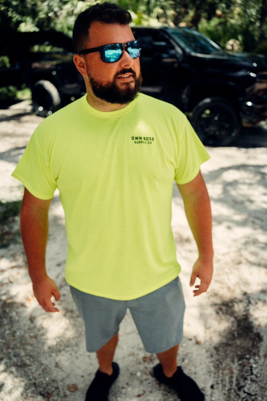 Chris in the Hi Vis Essential Tee