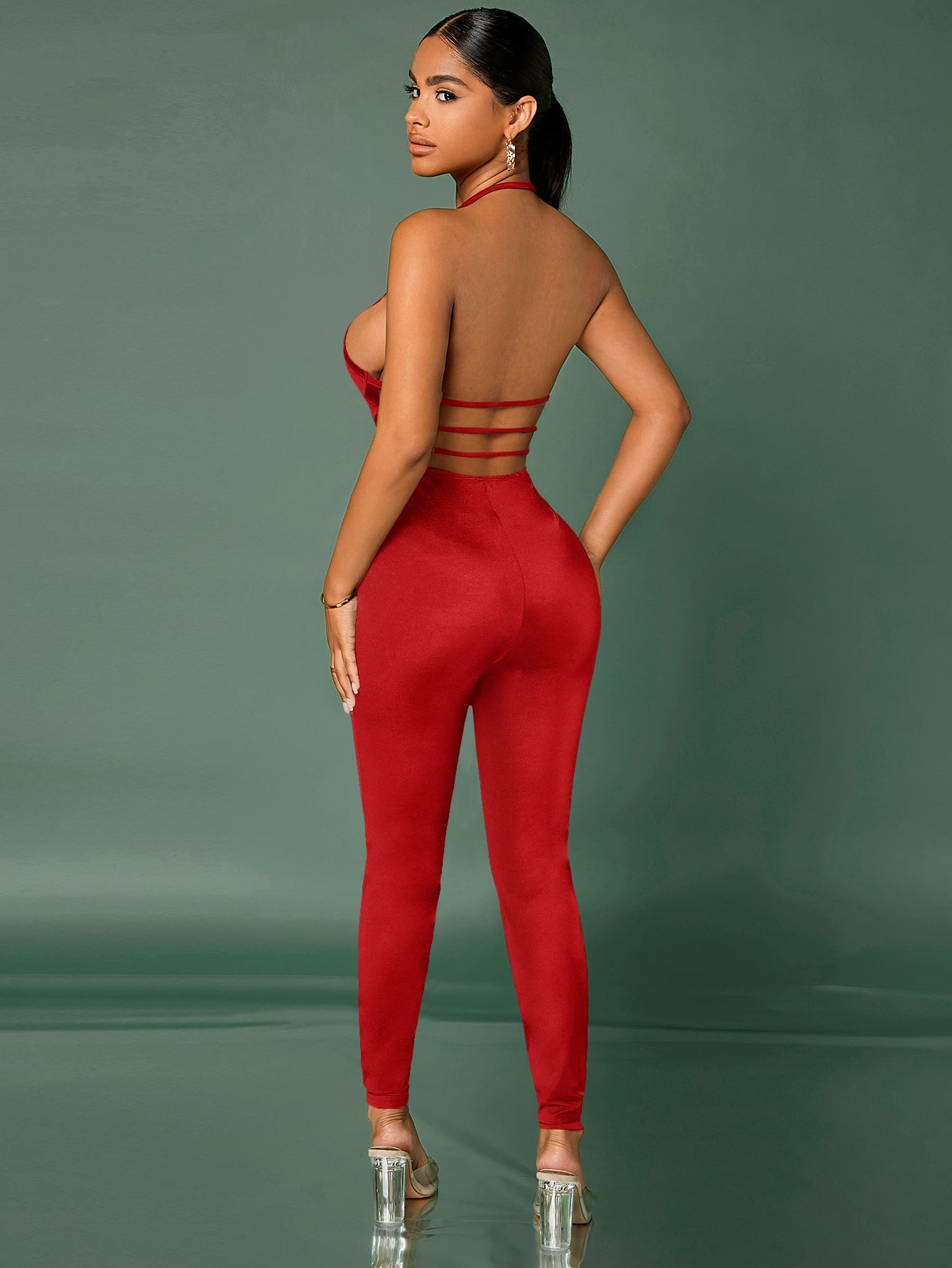 SXY Backless Cut Out Plunging Neck Halter Jumpsuit