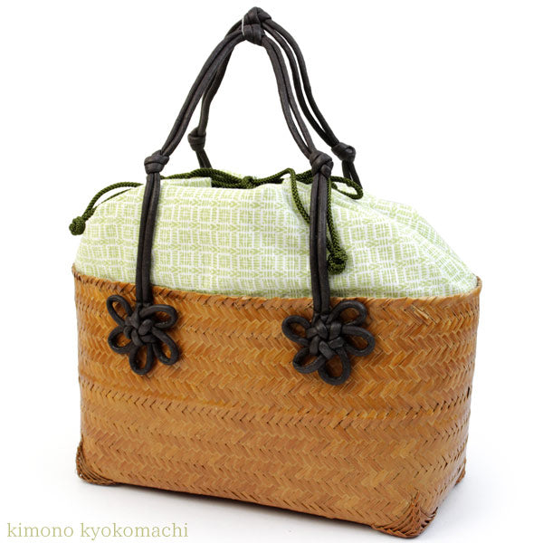 Bamboo Basket Drawstring Bag - White x Green