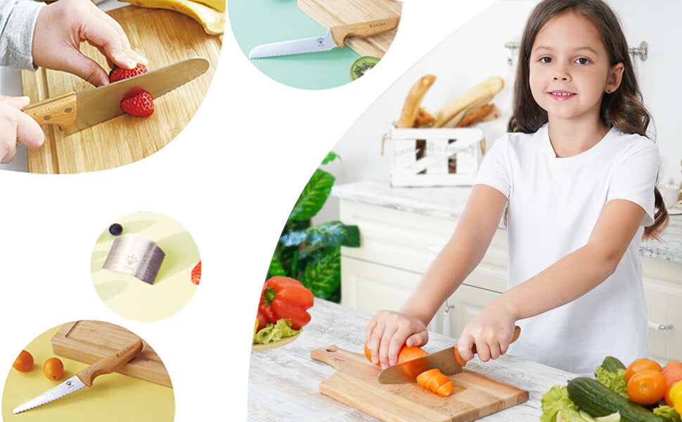  Kibbidea Cuchillos para niños, juego de cuchillos seguros para  niños de 4 piezas para cocina real, cuchillo de cocina de acero inoxidable  con protector de dedos para cortar, cortar frutas y