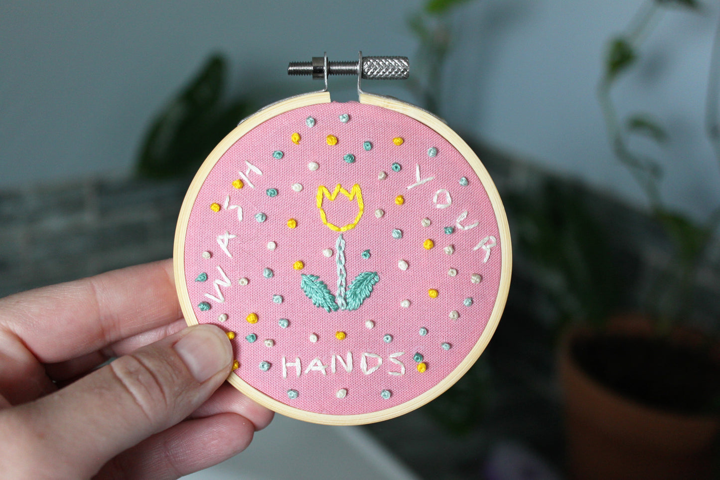 Hand Embroidered "Wash Your Hands"