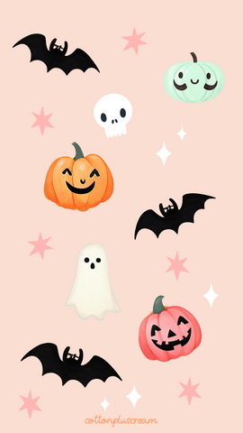 cute pastel halloween pumpkins, bats, and ghost phone wallpaper