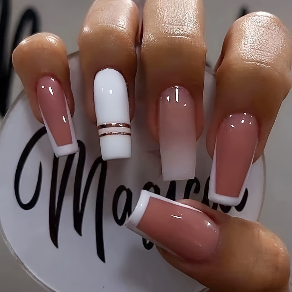 Wjczt - 24 pcs Glossy Long Coffin Press On Nails - Ballerina French Tip Acrylic Nails with Pink Gradient Design - Easy to Apply and Remove - Perfect for Special Occasions and Everyday Wear