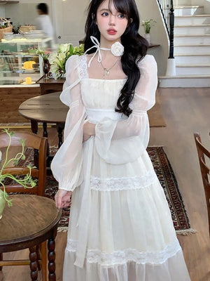 Wjczt Summer Chiffon Midi Dress Women Lace Y2K Lolita Fairycore Puff Sleeve High Waist French Vintage Evening Party Dresses Prom Robe - Wjczt