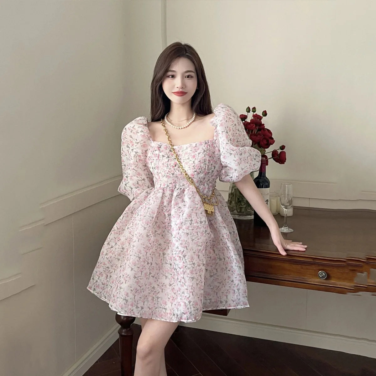 Wjczt Sexy Square Neck Puff Sleeve Holiday Party Dress Summer Women Both-Sides Wear Floral Print Chiffon Organza Dress Short Vestido