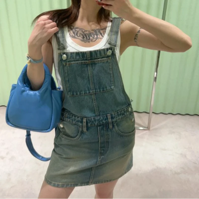 Wjczt 2024 Actual Pictures Fashion Brand Women's Denim Skirt Metal Triangle Label Camisole Vest One-piece Dresses Back Dresses