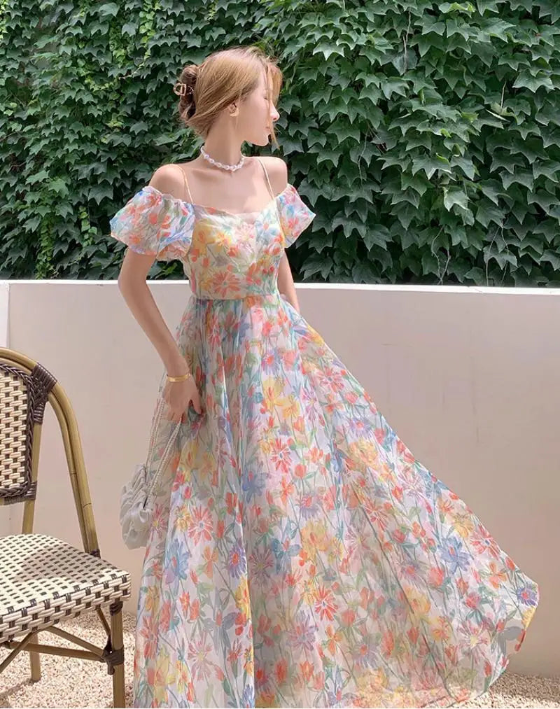 Wjczt Women's French First Love Puff Sleeves Floral Long Dress Summer Dresses Cool and Breathable Bare Shoulder Korean Fashion 2024