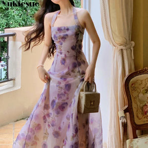 Wjczt Korean Style Halter Dress Women Backless Sexy Elegant Party Midi Dresses Floral Chiffon France Retro Fairy Dress Print Academic - Wjczt