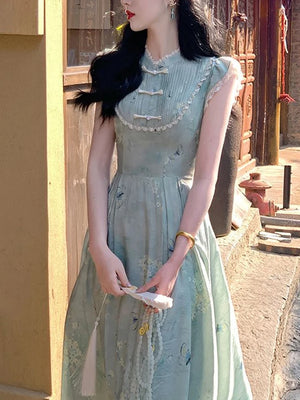 Wjczt Elegant Vintage Floral Slip Dress Women Ruffles Design Korean Style Long Fairy Dress Female 2024 Summer Casual Chic Party Dress - Wjczt