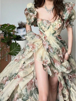Wjczt Floral Print Evening Party Dress Women 2024 Puff Sleeve Elegant Princess Long Dres Ladies France Vintage Open Fork Dress Summer - Wjczt