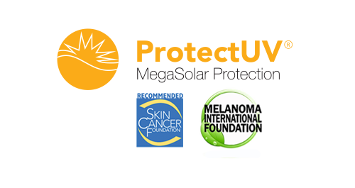 ProtectUV MegaSolar Protection, Melanoma International Foundation, and Skin Cancer Foundation Recommended logos