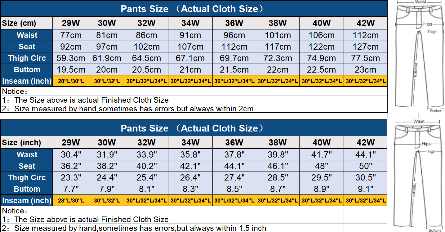 suit pants size chart