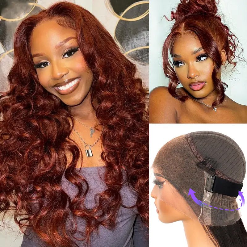 Alibonnie Upgraded Reddish Brown Body Wave Wig Invisible Strap Cozy Fit 360 Lace Wig With Bleached Knots 200% Density