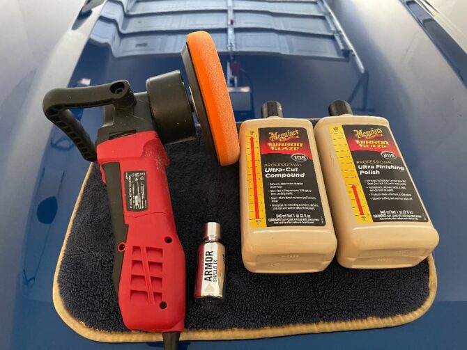 Various grades of polishing compound, a power polishing tool, microfiber cloths, and a fresh bottle of Armor Shield IX by AvalonKing mean its business time.
