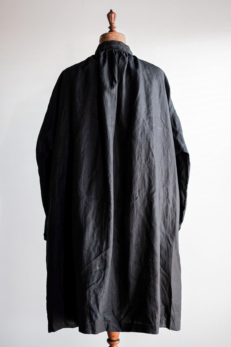 Early 20th C] French Antique Black Indigo Linen Smock Open Type