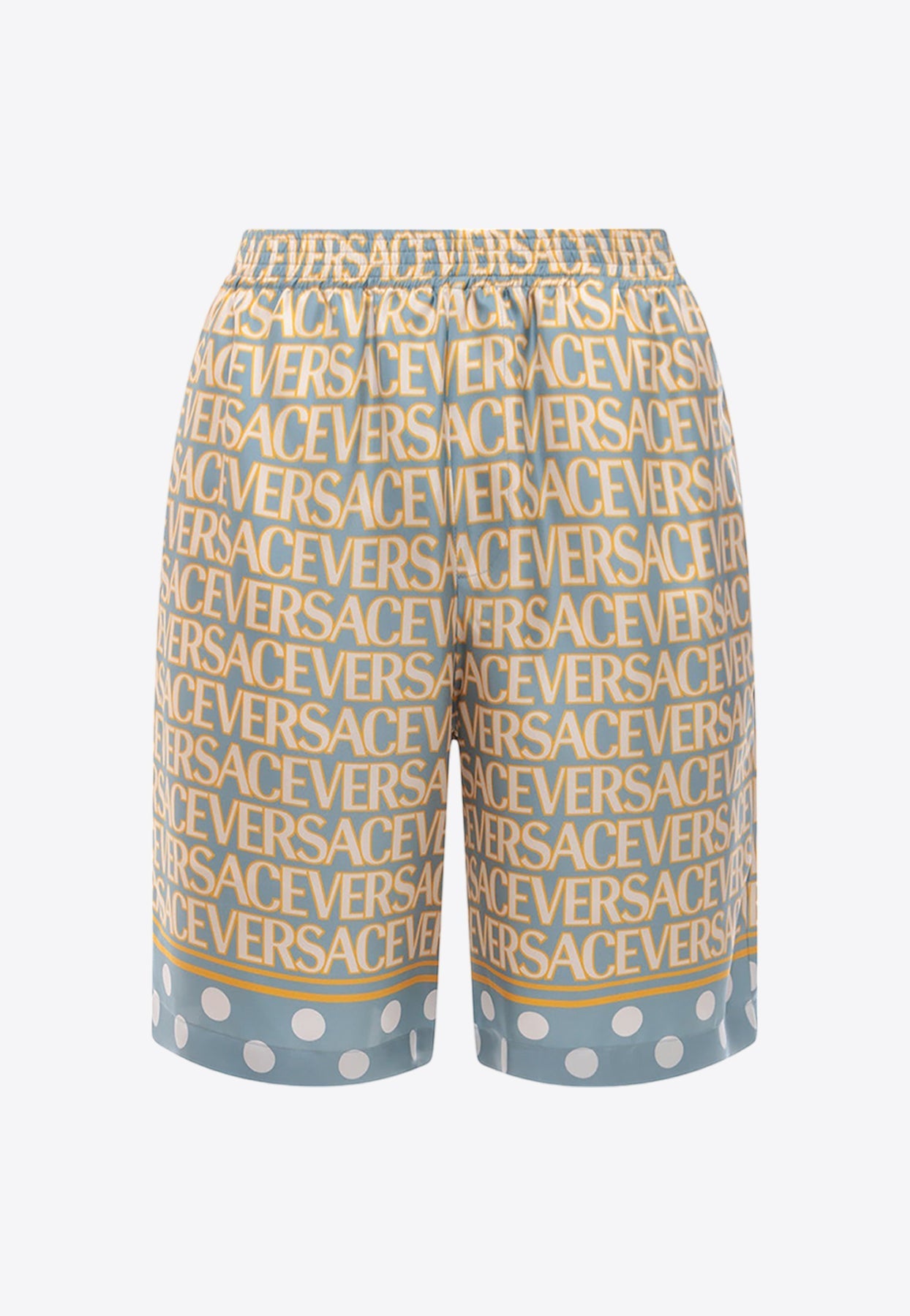 Shop Versace All-over Logo Silk Shorts In Blue