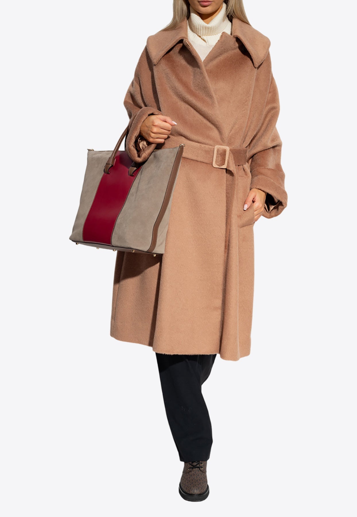 Shop Emporio Armani Belted Long-sleeved Wool Coat In Brown