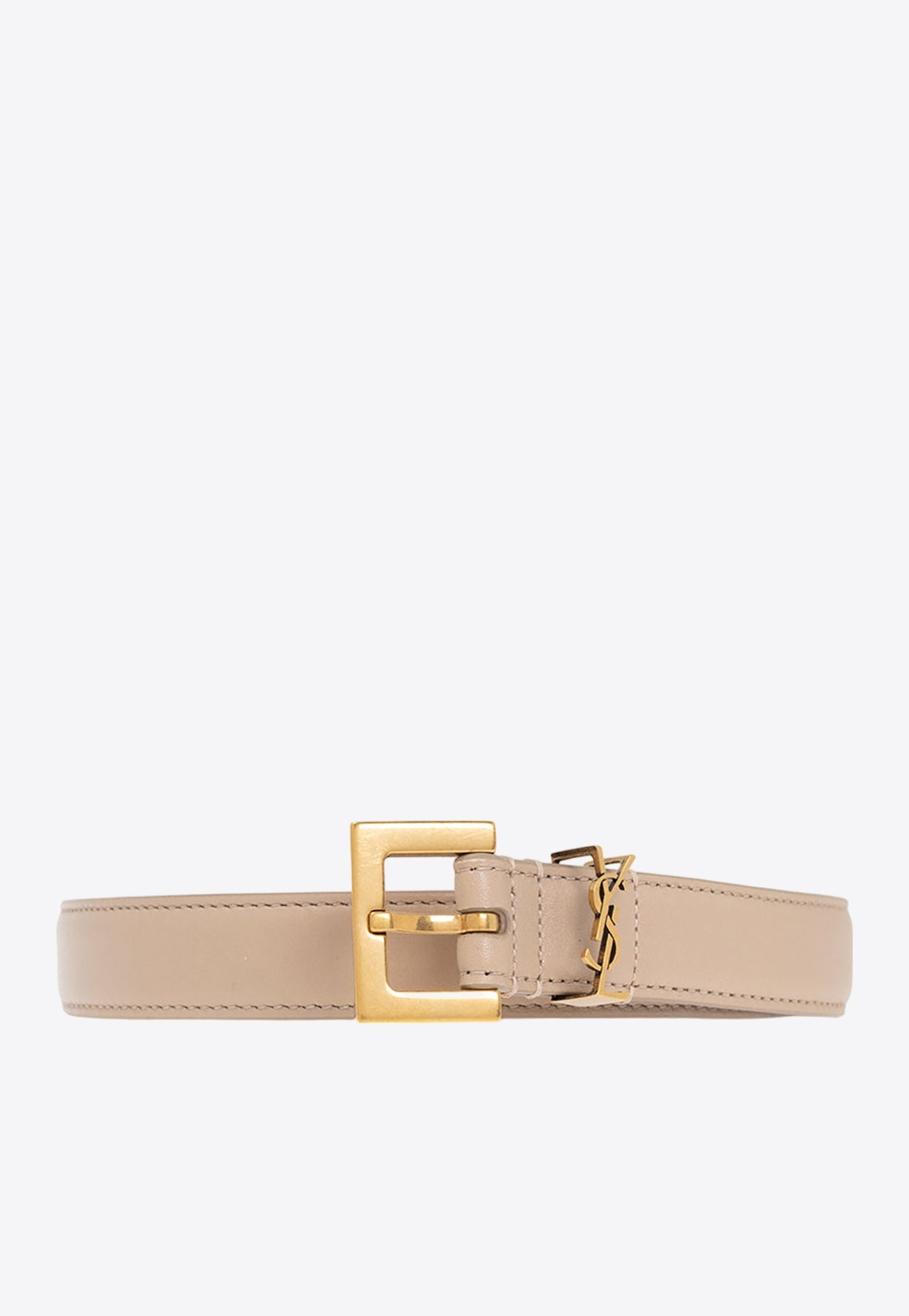 Saint Laurent Cassandre Square Buckle Leather Belt In Beige