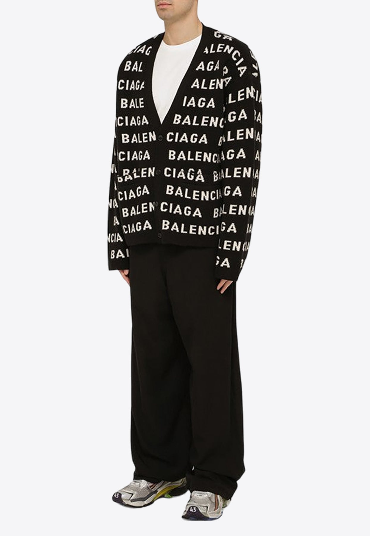 Shop Balenciaga All-over Logo Wool Cardigan In Black