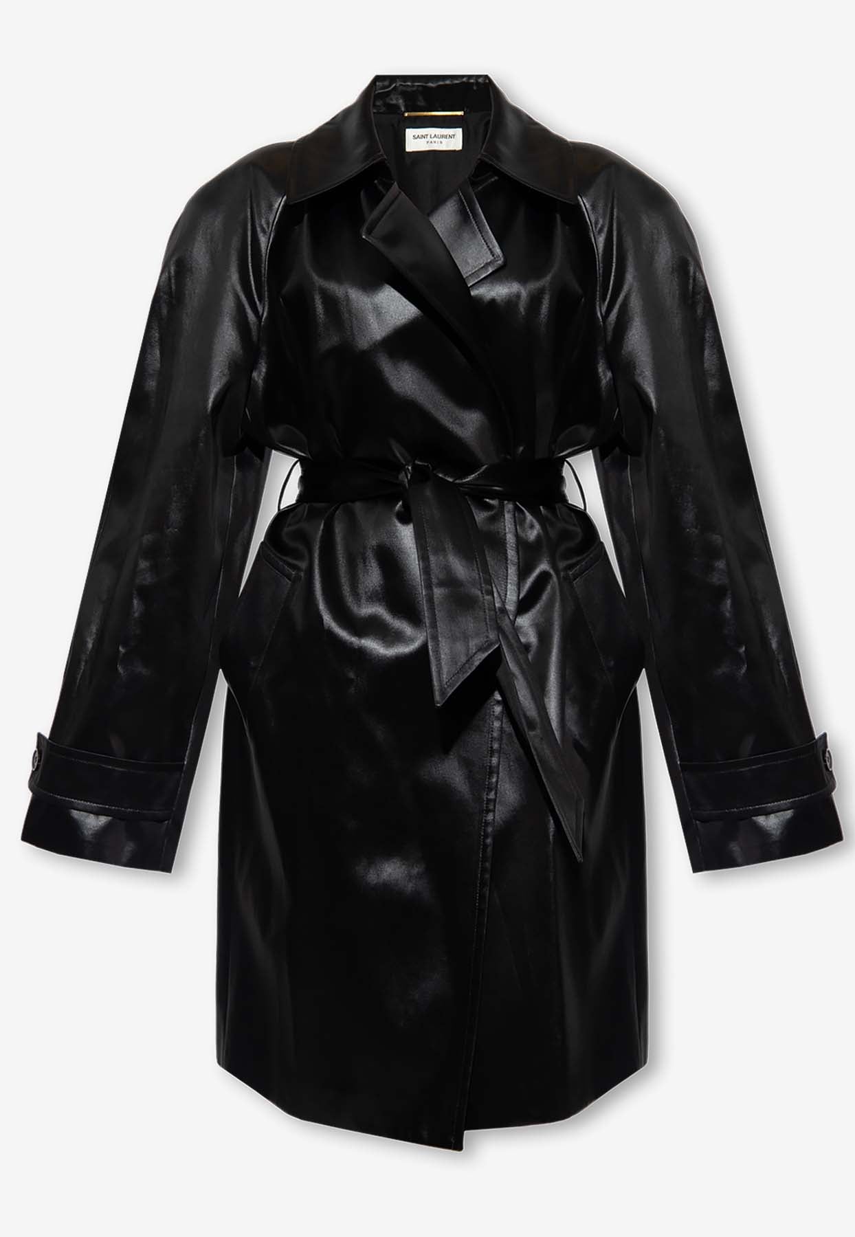 Saint Laurent Belted Satin Trench Coat In Black
