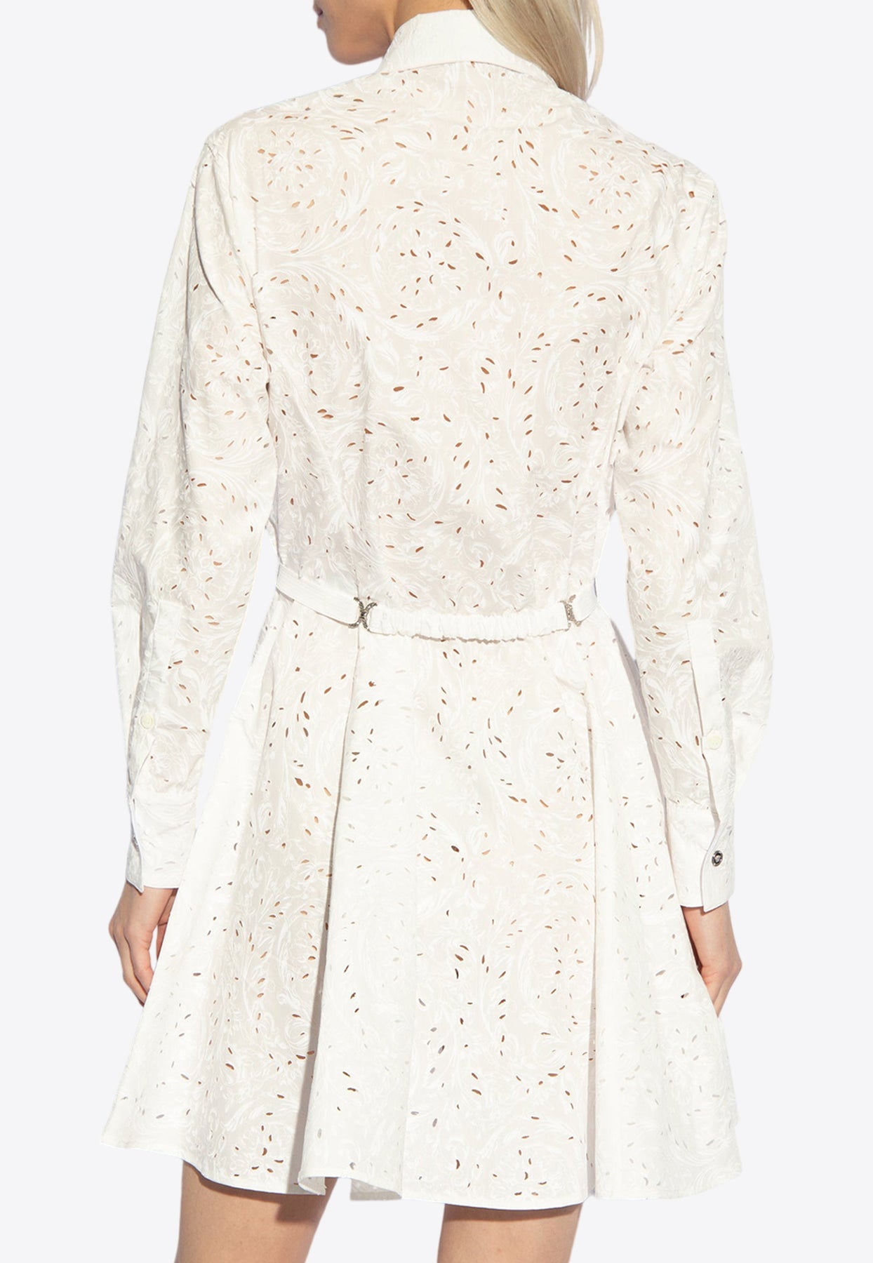 Shop Versace Barocco Openwork Mini Shirt Dress In White