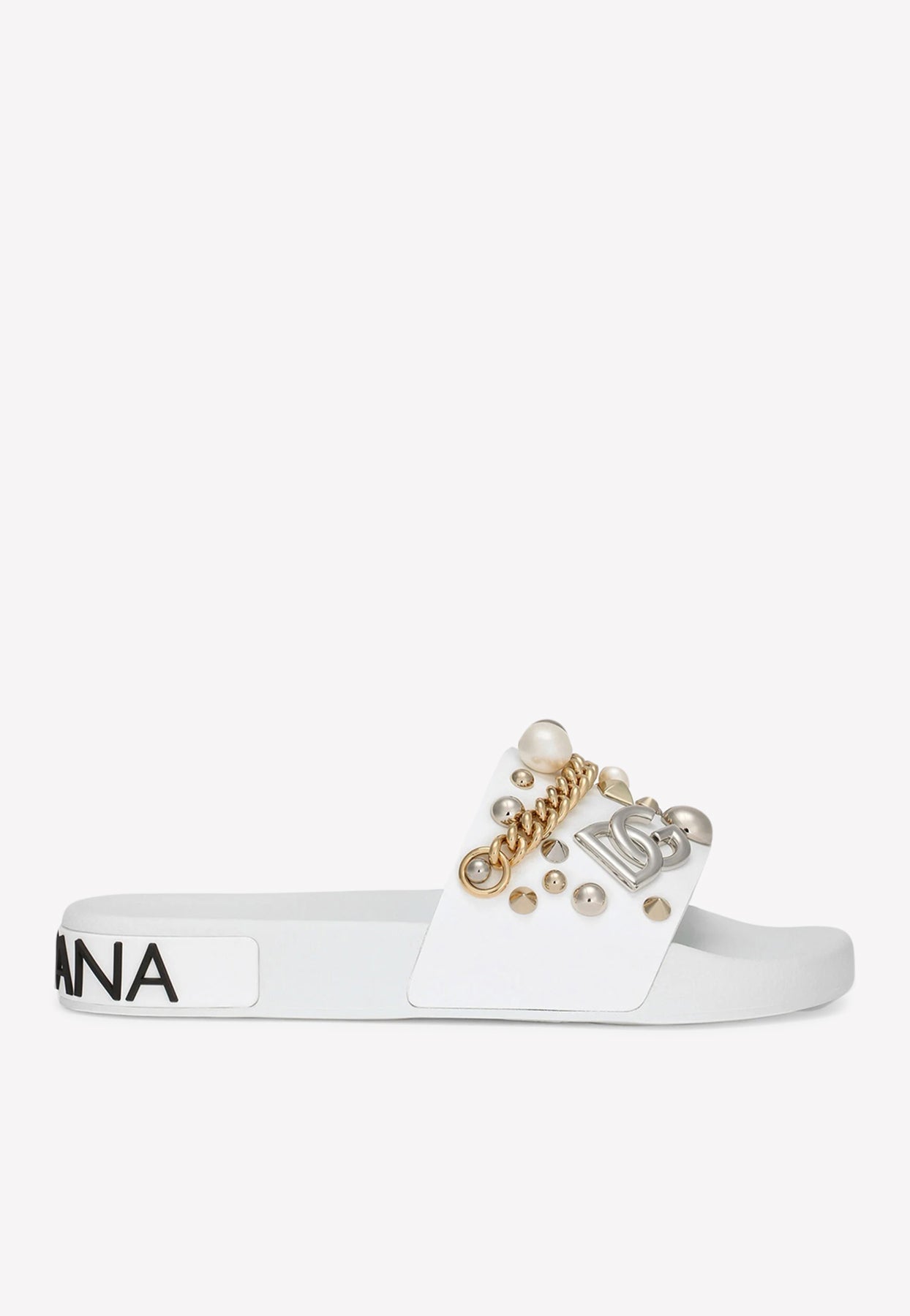 Shop Dolce & Gabbana Bejeweled Appliqués Beachwear Slides In Rubber In White