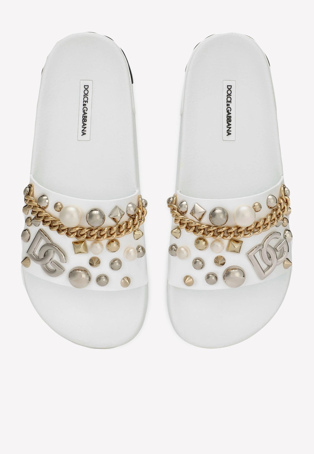 Shop Dolce & Gabbana Bejeweled Appliqués Beachwear Slides In Rubber In White