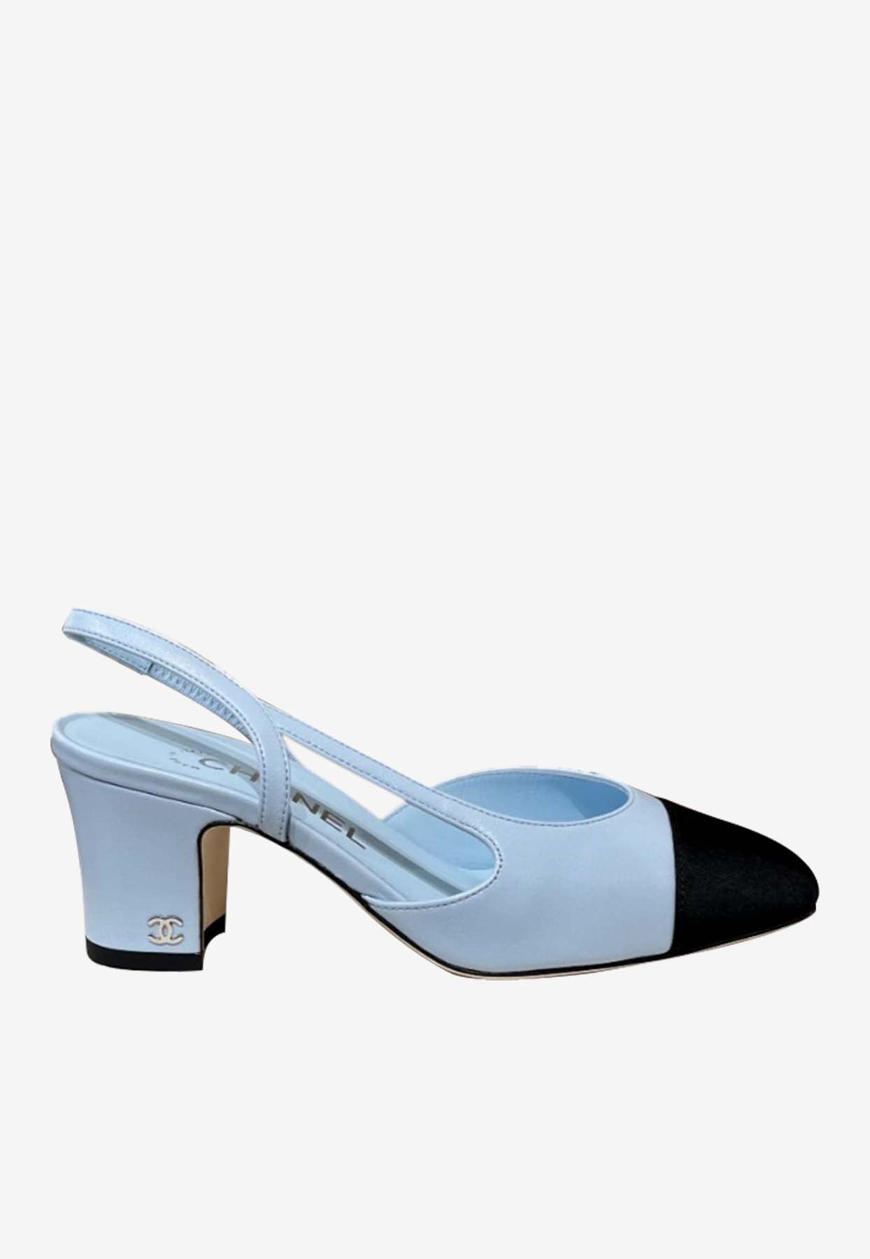 Pre-owned Chanel 65 Slingback Pumps In Leather And Grosgrain In Blue