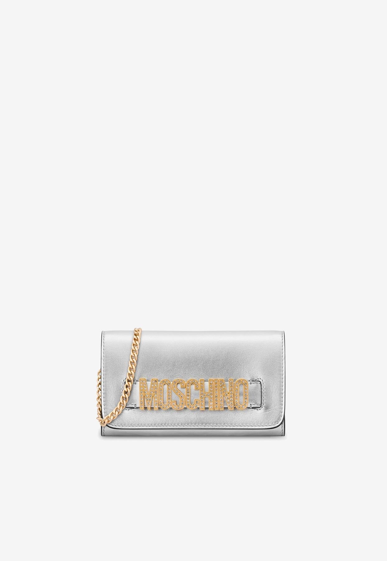 MOSCHINO CRYSTAL EMBELLISHED LOGO WALLET IN METALLIC NAPPA LEATHER,A8130 8011 1600