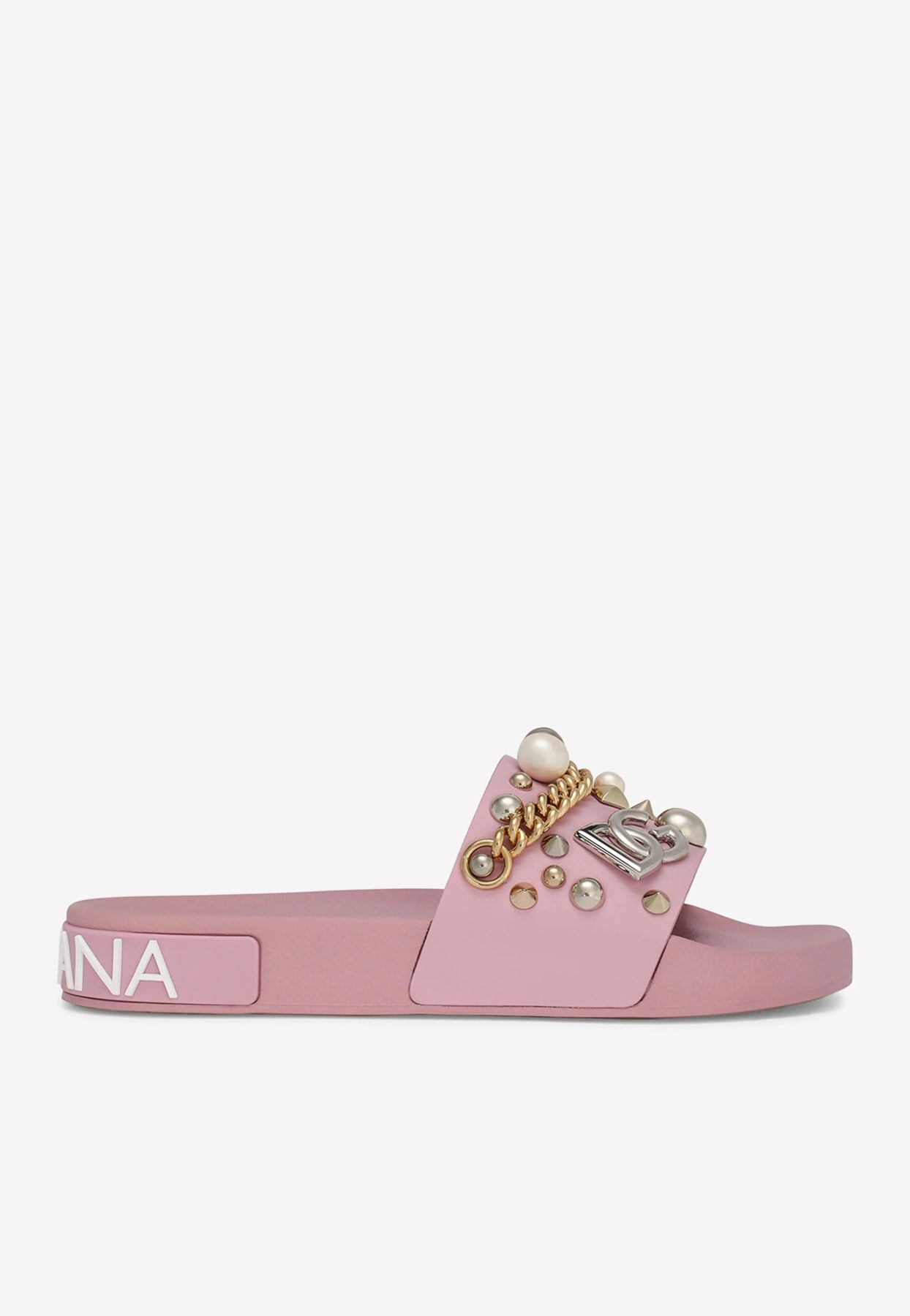 Shop Dolce & Gabbana Bejeweled Appliqués Beachwear Slides In Rubber In Pink