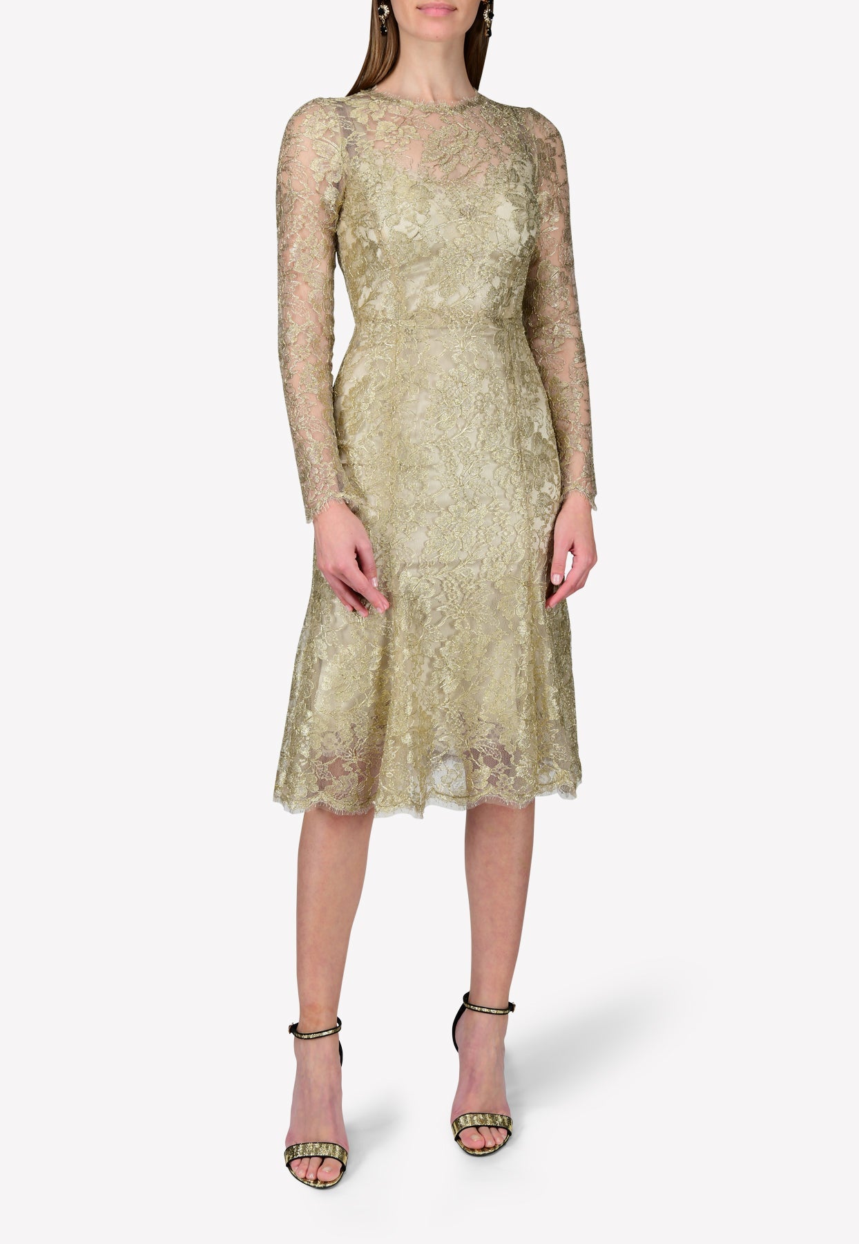 Dolce & Gabbana Chantilly Lace Midi Dress In Long Sleeves In Gold