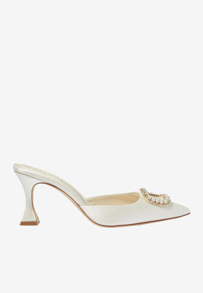 Manolo Blahnik 70mm Fabetamu Embellished Satin Mules In Cream