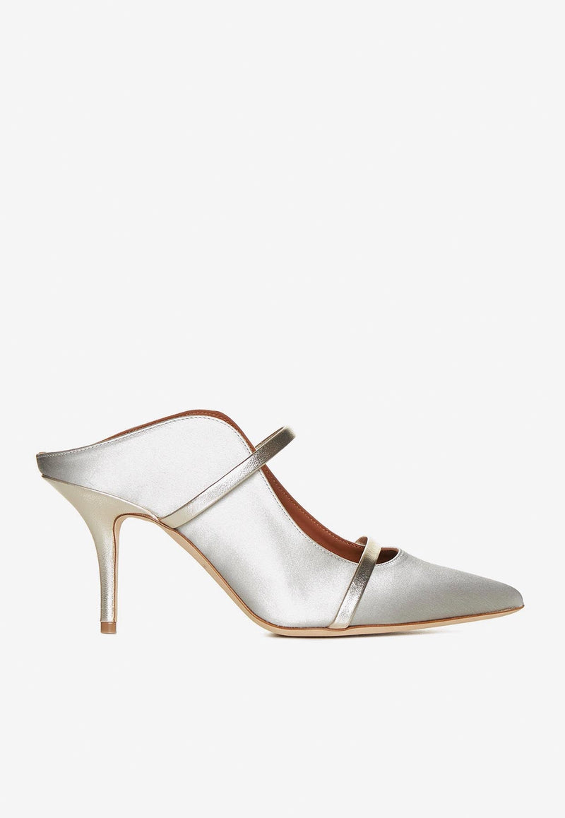 MALONE SOULIERS MAUREEN 70 SATIN MULES,MAUREEN 70-315 SILVER/PLATINO