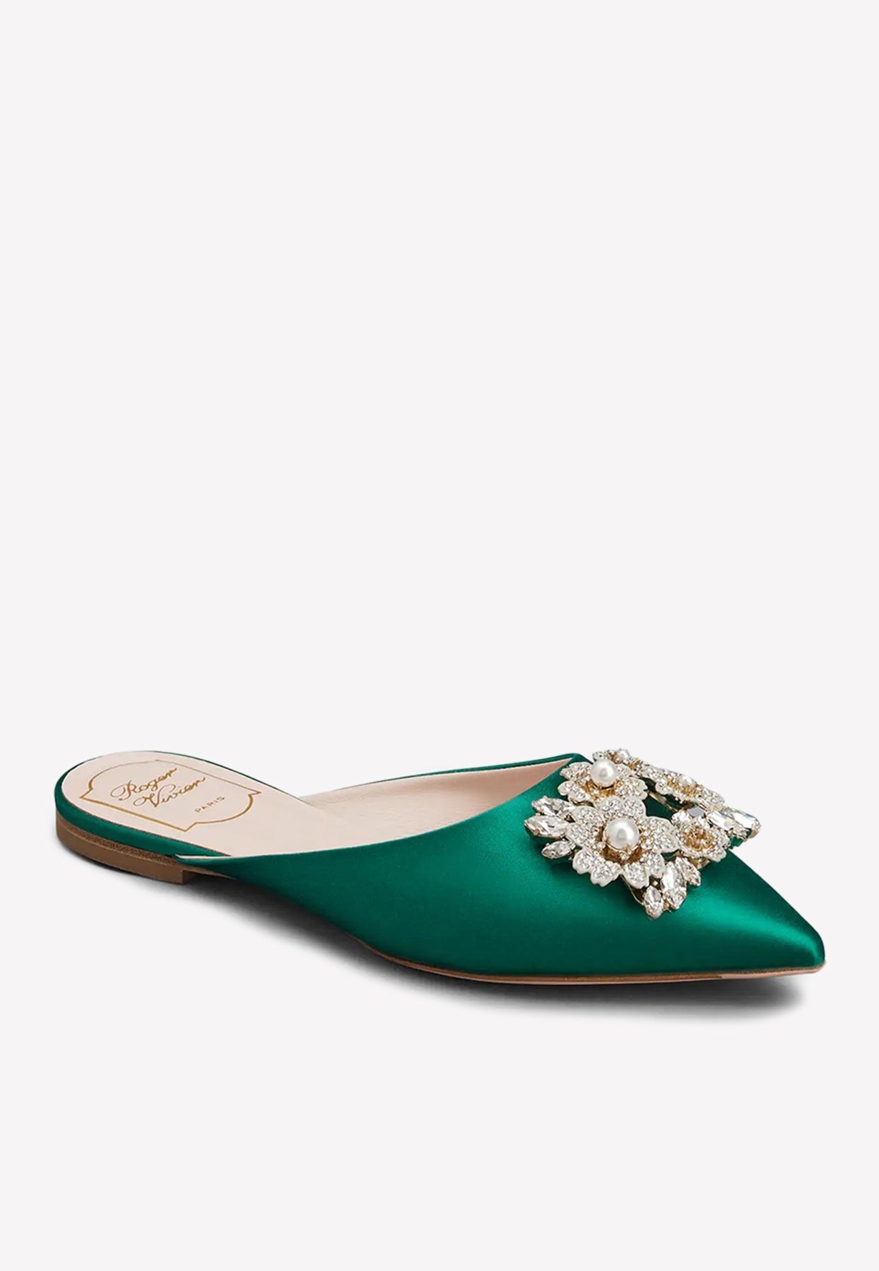 Shop Roger Vivier Bouquet Strass Pearl Buckle Flat Mules In Green