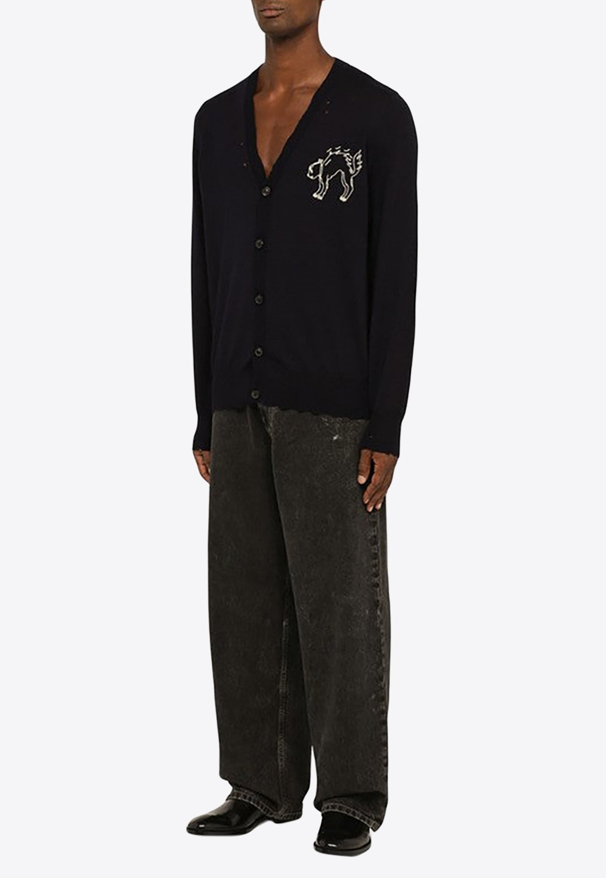 Shop Maison Margiela Embroidered Wool Cardigan In Blue