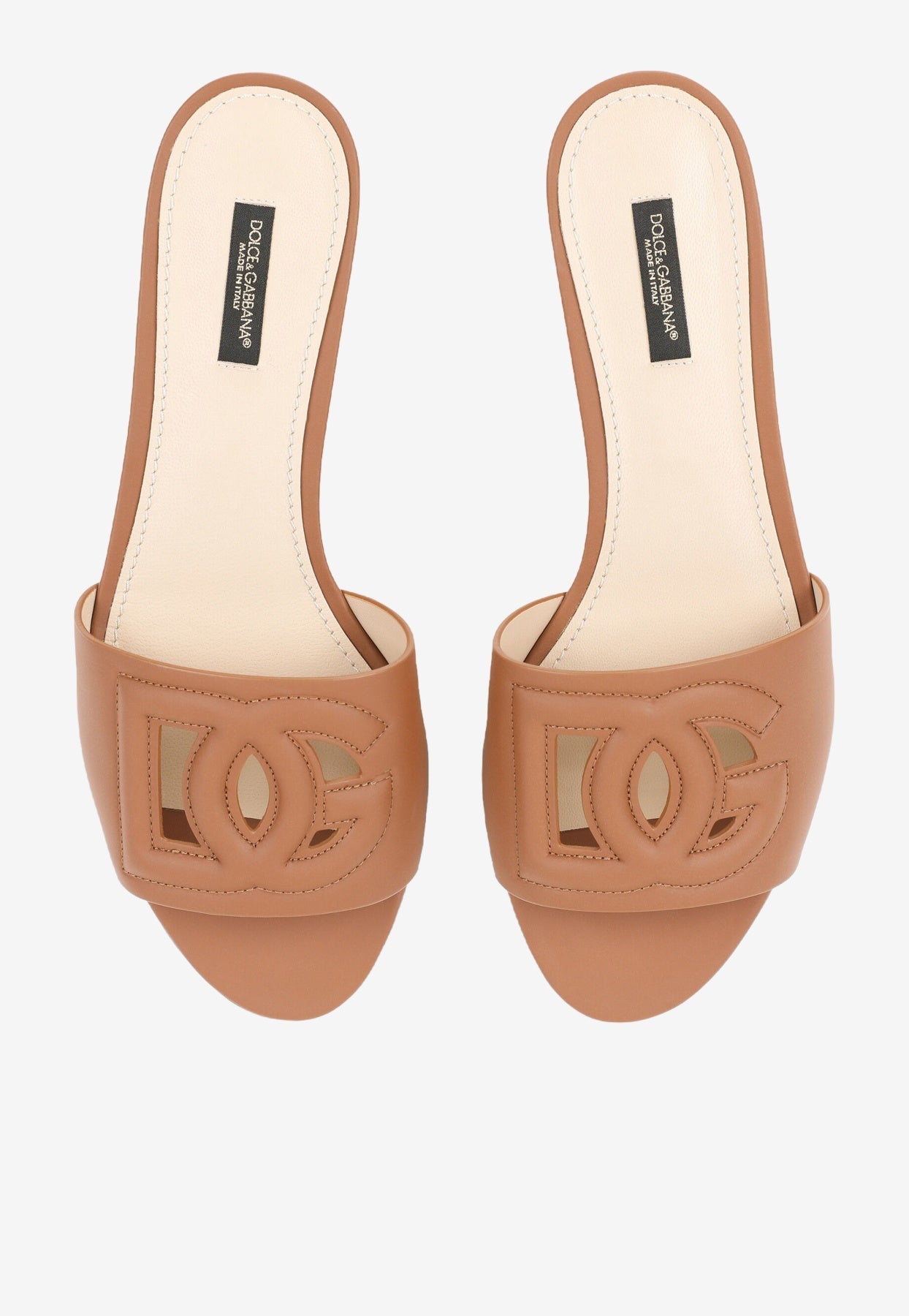Shop Dolce & Gabbana Bianca Calfskin Flat Slides In Brown