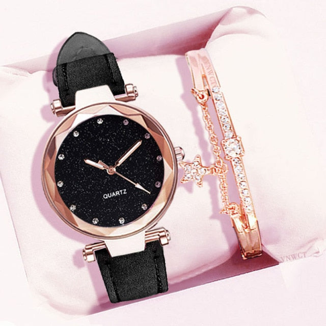 Casual Women Romantic Starry Sky Wrist Watch Bracelet Leather Rhinestone Design