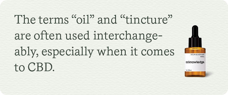 The terms “oil” and “tincture” are often used interchangeably, especially when it comes to CBD. 