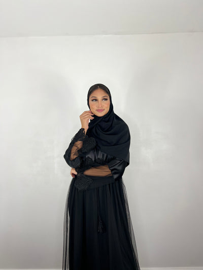 Smokey grey lace open abaya – JanCollection